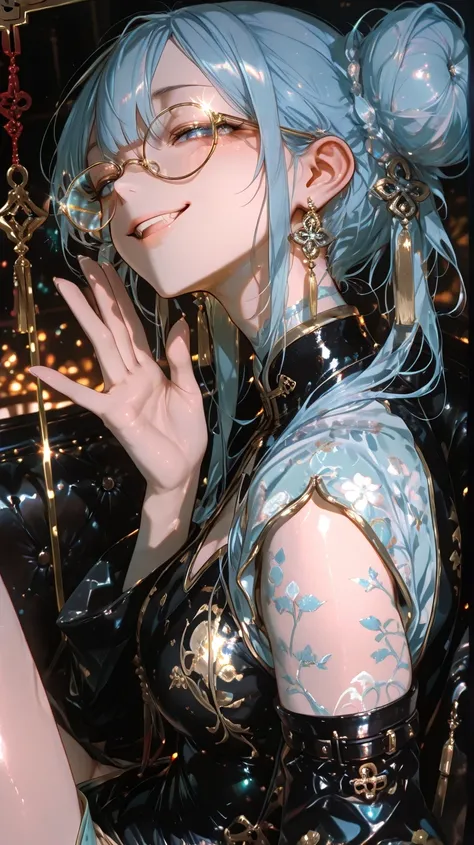 (close-up of face,sit on a chair,thick gold-rimmed glasses、Gold-rimmed glasses stand out、Gold-rimmed glasses shine、focus on glasses、Beautiful Light Reflected Through the Lens、
Pretty Short Light Blue Hair、 bend her neck 、light blue deep slit knee sleeve ch...