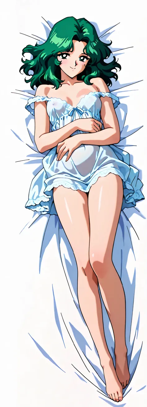 masterpiece, amazing quality, best quality, ultra-detailed, 8K, illustration, clear skin, ultra-detailed-eyes, soft skin, very awa, very as2, soft body, 1990s \(style\), official art, 1girl,solo,adult woman, michiru kaiou, dark green eyes, green hair, medi...