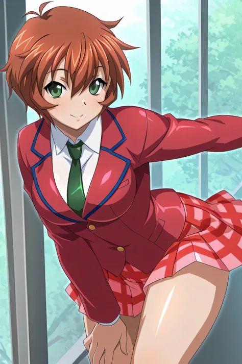 chinkyuu koudai \(ikkitousen\),dark red blazer,deep green necktie,plaid skirt,pleated skirt,red skirt,