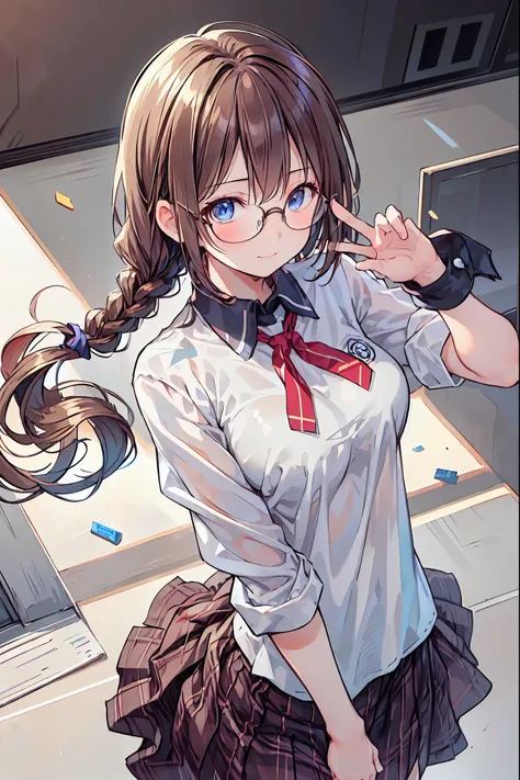 (((gold rimmed glasses))),(((Peace sign on face))),(((Bust Shot))),((face up)),((upper body)),((from above:1.2)),Dazzling gaze,Dignified Behavior,cowboy shot,big boobs,Long hair,Student Council President,School student council room,Student Charisma,Sharp E...