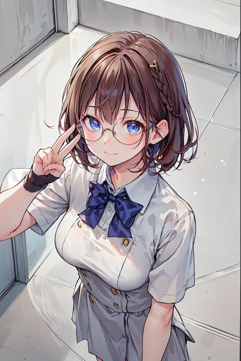 (((gold rimmed glasses))),(((Peace sign on face))),(((Bust Shot))),((face up)),((upper body)),((from above:1.2)),Dazzling gaze,Dignified Behavior,cowboy shot,big boobs,Long hair,Student Council President,School student council room,Student Charisma,Sharp E...