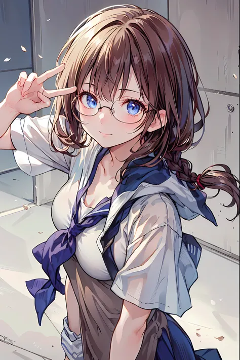 (((gold rimmed glasses))),(((Peace sign on face))),(((Bust Shot))),((face up)),((upper body)),((from above:1.2)),Dazzling gaze,Dignified Behavior,cowboy shot,big boobs,Long hair,Student Council President,School student council room,Student Charisma,Sharp E...