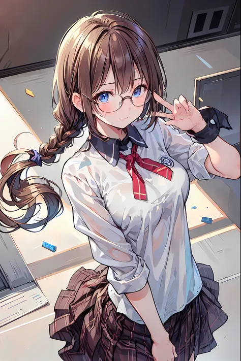 (((gold rimmed glasses))),(((Peace sign on face))),(((Bust Shot))),((face up)),((upper body)),((from above:1.2)),Dazzling gaze,Dignified Behavior,cowboy shot,big boobs,Long hair,Student Council President,School student council room,Student Charisma,Sharp E...
