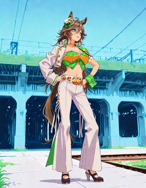 masterpiece masterpiece, ultra-HD, impressionism, high detail, best quality, very aesthetic, 8k, best quality, beautiful, anime coloring , mr. c.b. (umamusume), big breast , strapless shirt, white pants , high-waisted and flared pants , midriff, single sle...