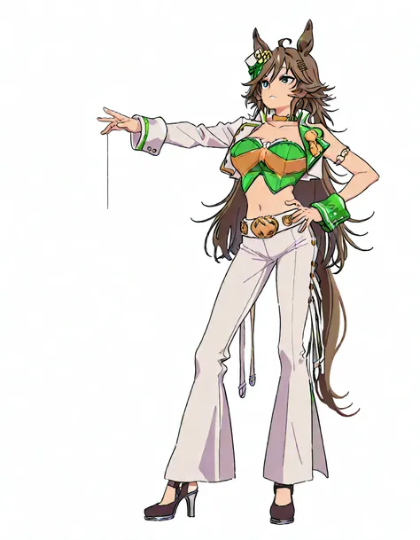 masterpiece masterpiece, ultra-HD, impressionism, high detail, best quality, very aesthetic, 8k, best quality, beautiful, anime coloring , mr. c.b. (umamusume), solo , big breast , strapless shirt, white skin tight pants , high-waisted and flared pants , ...