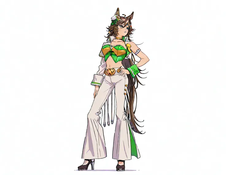 masterpiece masterpiece, ultra-HD, impressionism, high detail, best quality, very aesthetic, 8k, best quality, beautiful, anime coloring , mr. c.b. (umamusume), solo , big breast , strapless shirt, white skin tight pants , high-waisted and flared pants , ...