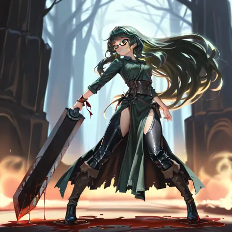 ((1girl, solo, dark green long hair, green eyes, horizontal pupil: 1.2, under-rim glasses,,)) Wide angle,, Full body, Dark fantasy, Mystical warrior, summoning a bloody huge weapon dragonslayer (sword) from a cut around her wrist. Blood energy swirls and t...
