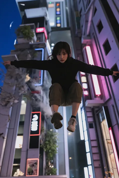 A hyper-realistic cinematic night photo of a young female parkour athlete captured in the split second just before landing after jumping down from a high rooftop.
The camera is positioned on the ground, looking sharply upward from an extreme low-angle worm...