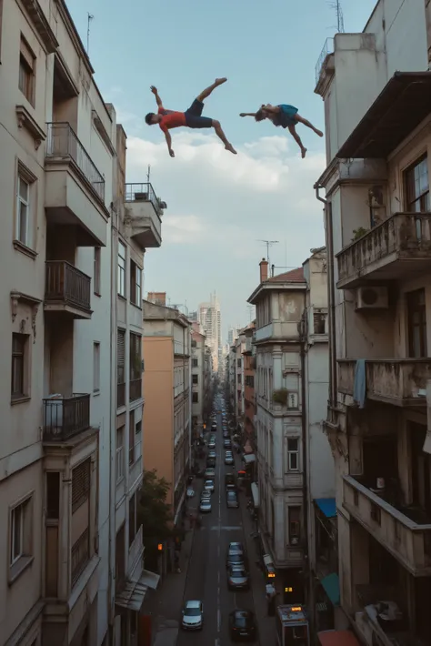 Freestyle runners at their most daring. Jumping from building to building, doing backflips off rooftops, jumping up floors via balconies, insane action documentary style photorealism, 8k, high-res, physically-based rendering, 3D rendered realism, UHDR, cin...