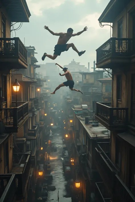 Freestyle running is at its most dangerous. Men are
jumping from building to building, doing backflips off rooftops, jumping up floors via balconies, insane action documentary style photorealism, 8k, high-res, physically-based rendering, 3D rendered reali...