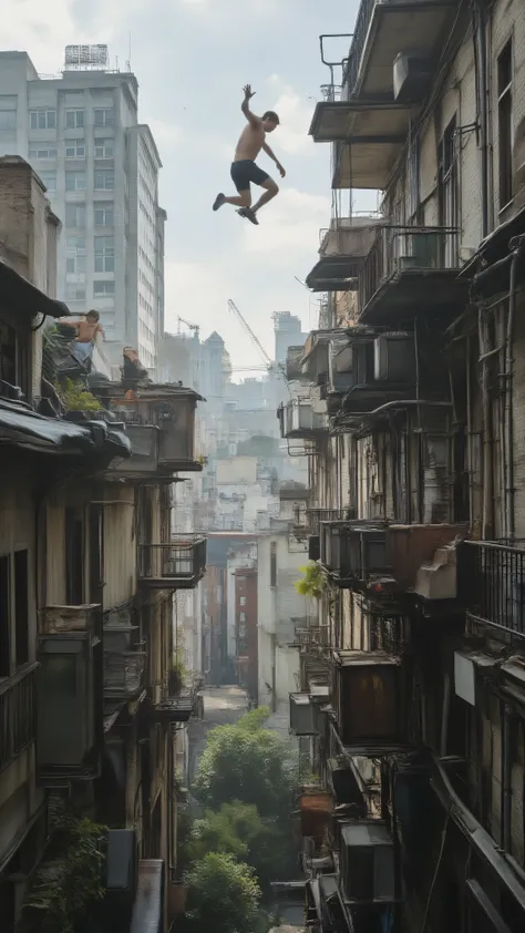 Freestyle running at its most dangerous. Men are jumping from building to building, doing backflips off rooftops, jumping up floors via balconies, insane action documentary style photorealism, 8k, high-res, physically-based rendering, 3D rendered realism, ...