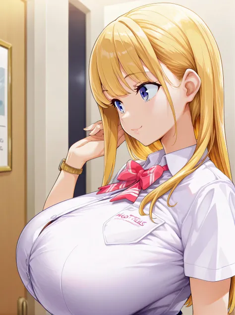 1 girl,Alone,watch viewers,front, popup,Too Big Chewy ,hyper breasts,shirt,straight hair,upper body,Short sleeve,closed lips,夜のlove hotels,love hotels,胸元が開いたshirt,smile, bow tie,front, Gold,blond hair,blue eyes,masterpiece,Best Quality,Great Quality,