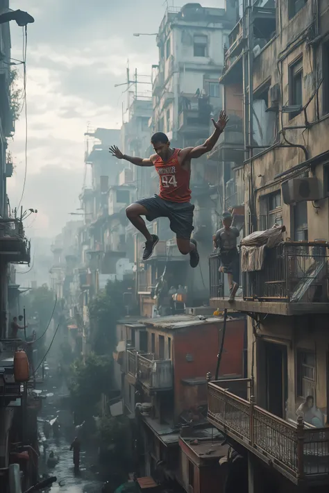 Freestyle runners at their most daring. Jumping from building to building, doing backflips off rooftops, jumping up floors via balconies, insane action documentary style photorealism, 8k, high-res, physically-based rendering, 3D rendered realism, UHDR, cin...