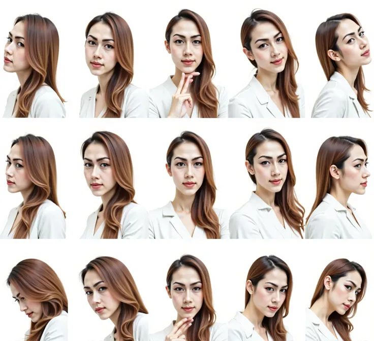 30-year-old, teen, beautiful asian woman, detailed face, griid of her face, random aside pose open mouth smile fun , Each frame features her face in various poses: some angled for a profile view, while others are straight-on frontal shots