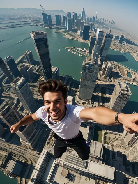 A man in his 20s is in the air trying to jump from the roof of a building with 100 floors above ground into the window of the 94th floor building next door　The man is grinning and has a big smile　8K