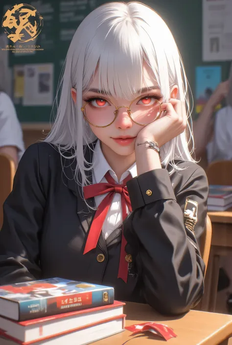 realistic, (1girl:1.5), (gold-rimmed glasses:1.4), school uniform, sitting on the chair, books on the table, masterpiece, full body view, school atmosphere, (school class room backgroud:1.7), strict expression, perfect face, detailed face, long white hair...
