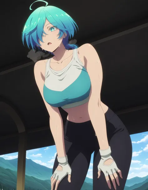 masterpiece, best quality, amazing quality,,  tina isemi, short hair, blue eyes, blue hair, ahoge, multicolored hair, hair over one eye, aqua eyes, mature female, breasts, anime screencap, navel, midriff, black skirt, fingerless gloves, crop top, denim, cr...