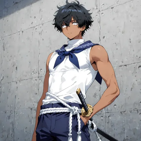 <lora:TrendCraft_The_Peoples_Style_Detailer-v2.4I-5_18_2025-Illustrious:0.2> <lora:flatline_v2_-_Illus_x_Niji:0.6>, masterpiece, highest quality, simple, 1boy, male focus, masculine, dark tanned skin, solo, young adult, lean build, black hair, short wavy m...