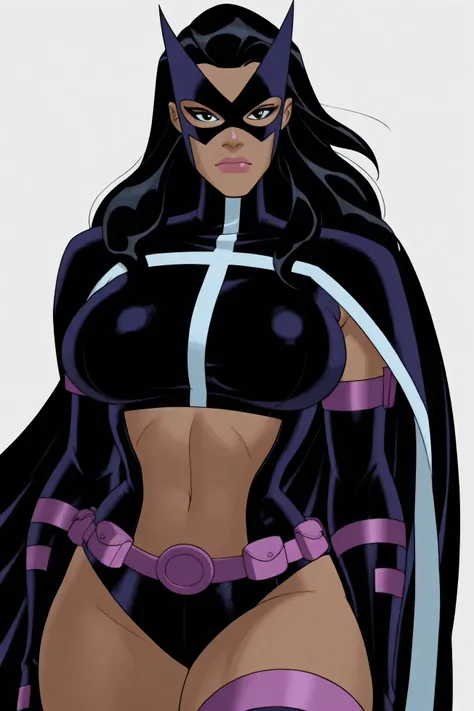 masterpiece, amazing quality, best quality, ultra-detailed, 1girl, Frank Cho Art style, Frank Cho Artstyle, 1girl, solo, long hair, looking at viewer, black hair, gloves, black eyes, dark skin, cape, mask, colored skin, dark-skinned female, colored sclera,...