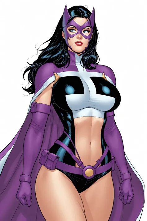 masterpiece, amazing quality, best quality, ultra-detailed, 1girl, Frank Cho Art style, Frank Cho Artstyle, 1girl, solo, huntressdccomics, 1girl, solo, black hair, superhero, large breasts, mask, utility belt, cape, long hair, elbow gloves, navel, midriff,...