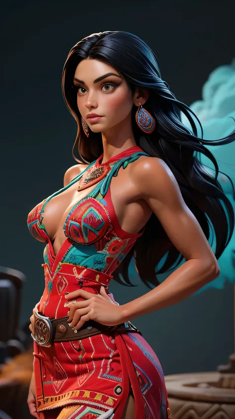 RAW digital art, ultra-realistic 3D render of a stunning woman resembling Native American Woman, Pocahontas, Close-Up portrait, ((young woman)), ((highly detailed face:1.3)), ((perfectly portioned body, perfect female figure:1.3)), ((skinny, slim waist, na...