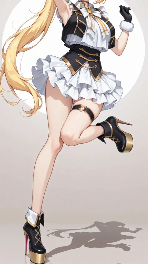 ((pigeon-toed only one leg)), armpits, ((large ass)),((gold trimmed black long corset)), nijisaracos,((ruffle shoulder white shirt)), ((long white shirt)), frills shirt,large frills shirt,long shirt overhang,white skirt,frilled skirt,layered skirt,sleevele...