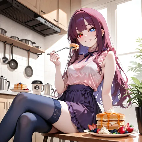 (H((Highest quality, 8K, highest resolution, masterpiece, ultra-realistic)), ((Bra visible through clothes)), ((Heterochromia, red eyes, blue eyes)), ((Sparkling and detailed eyes)), ((Crystal-like eyes)), (Long wavy platinum and purple hair), Hime cut, ((...