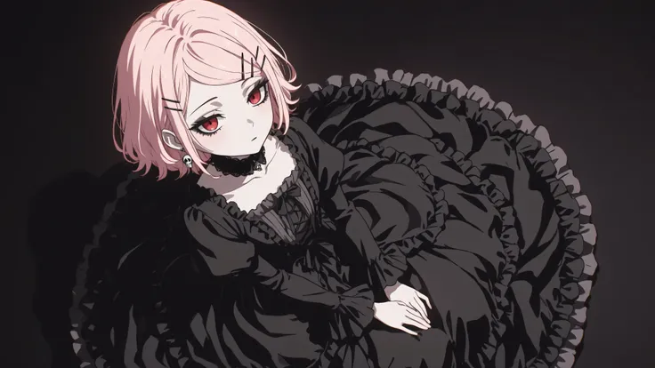 ladyshadow,,hand,full body, one girl, 白髪ツインテール, 地雷系, 病みかわいい, sitting on the floor, high angle view, pale skin, red eyes, black makeup, no smile, emotionless face, gothic lolita clothes, long sleeves, minimal soft black background, lots of hairpins, chokers...