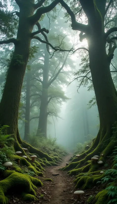 A hauntingly beautiful wilderness shrouded in dark mist, ancient groves of towering trees emerging from the fog like silent guardians, their massive trunks covered in moss and lichen, twisted branches reaching skyward, dappled sunlight barely penetrating t...