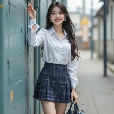 (street parkour、flies between buildings、A woman who goes up and kicks off the wall of a building、A female teacher who rises upward)、Girl in a Sexy Pose、、(perfect body)、long sleeves slipping slightly off her shoulders and、presented in perfect 8K HD quality ...