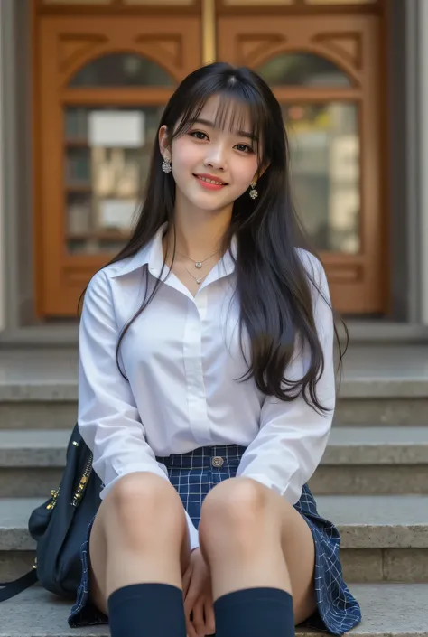 A breathtaking photograph crafted by a professional photographer in photomaker style, presented in flawless 8k HD quality, showcasing a lone 18-year-old schoolgirl, an idol-like figure with a happy, radiant smile, designed for an AV actress package photo. ...