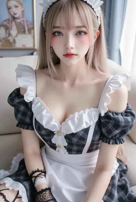 (full body:1.4)、(low angle shot:1.4)、(masterpiece、 best quality 、 best quality )、((( live action )))、(紺色の瞳),( 濃いブルーの目),beautiful Japanese girls 、petite body、1 person、((Off-the-shoulder top with a large white and black plaid chest hollowed out in a heart sh...