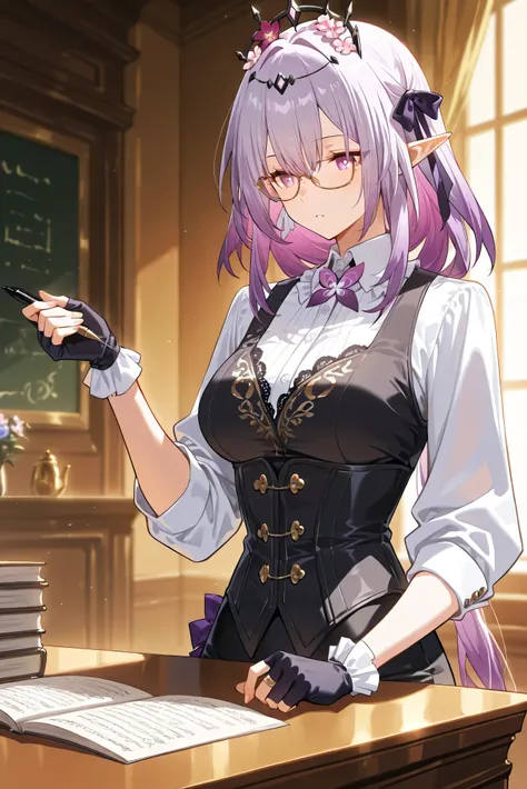 score_9, score_8_up, score_7_up, masterpiece, best quality, very aesthetic, absurdres, tunning image, attractive image, 1girl, solo, adult grown woman, castorice \(honkai star rail\), purple eyes, purple hair, pointy ears, multicolored hair, hair ornament,...