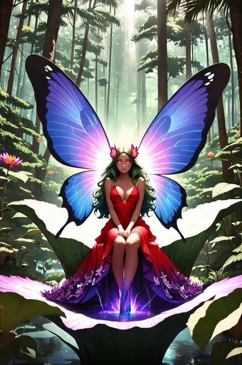 aidmaMJ6.1, Masterpiece , best quality , absurd res ,a picture of a jungle fairy, an extraordinary beautiful, elegant beauty, divine beautiful fairy, spread butterfly wings, blue and purple wings, pink eyes, glowing eyes, best detailed face,  green hair, r...
