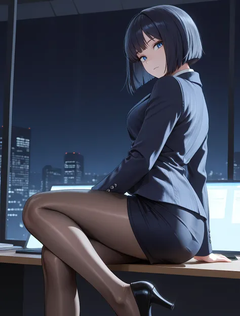 with nsfwr:lazy position,masterpiece,Highest Quality,great quality,
1girl, solo,
dark haired,Blue Eyes,Bob_ cut, Brandt _Bang, 
office for 1 day lady suit,dark blue pinstripe jacket,white collared shirt,long sleeves,Dark Blue Pencil Skirt,
brown minte pant...