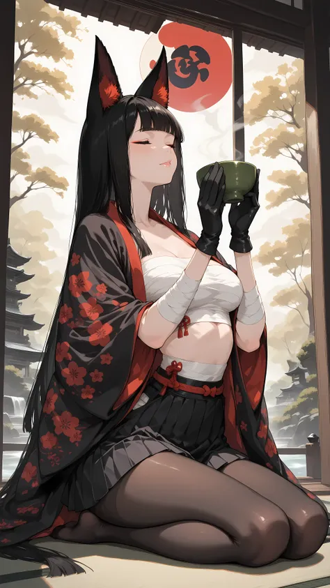 very aesthetic, super fine illustration, newest, Ultra HD, cinematic lighting, red
1girl, <Akakitsune>, seiza, full body, arched back,
slender, medium breasts,
black hair, long hair, straight hair, blunt bangs,
closed eyes, glossy lips,
sarashi, black haor...
