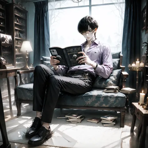 (score_9, score_8_up), score_7_up, masterpiece, best quality, 8k, very aesthetic, semirealistic, dark asthetic, low light, 1:boy, goth boy, male, solo, (male with feminine facial features), fit, athletic, (non-binary facial features), Six feet tall, wolf c...