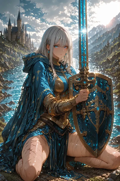 8k, fantasy world, female character, 1girl, Full of scars full metal heavy armor, (full armor:1.3), slender body, large chests, bare legs, Hooded cape in ultramarine blue with gold embroidery, semi-long hairstyle, thin gray hair, many items, (many adventur...