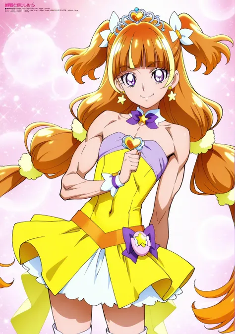 score 9 、score 8 up、score 7 up、source anime、傑作、Best quality、Best resolution、best image quality、anime coloring、anime screen shot、anime screencap、1boy、cure twinkle is a boy、(male:1.6)、official anime style、boy is wearing a yellow strapless dress、orange brown ...