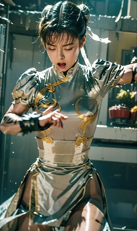 Chunli (silver costume), The attack hit directly, Painみで悲鳴をあげている, Movie, Loud eats, ryona, Major damage, damaged, Injury, Hyperreal, photo real, high image quality, masterpiece, knocked out, , closed eyes, Pain々 apparently , in tatters, 8k, It's like the ...