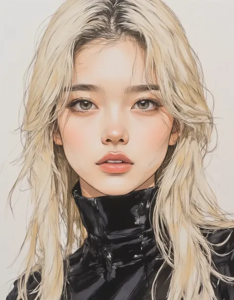 vivid, very detailed, Award-Winning Illustration, Professional. womanhood, Womanhood holding a cheek stick with her right hand and looking up, Keep your eyes on 、((portrait painting))、sketch style、Blonde Long Sauvage Hair、Blue-eyed Gothic Lolita, provocati...