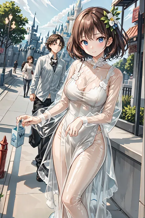 Latex Female Body Silhouettes, sexy look, Shiny Latex Material Sticking to the Body, Dark, Smoky Hazardous Environments, bright spotlight, Red or Black Tones, High Quality,4K,Realistic,Professional,Tokyo Disneyland,Tokyo Disneylandの活気に満ちた魔法のような雰囲気の中を歩く, ca...