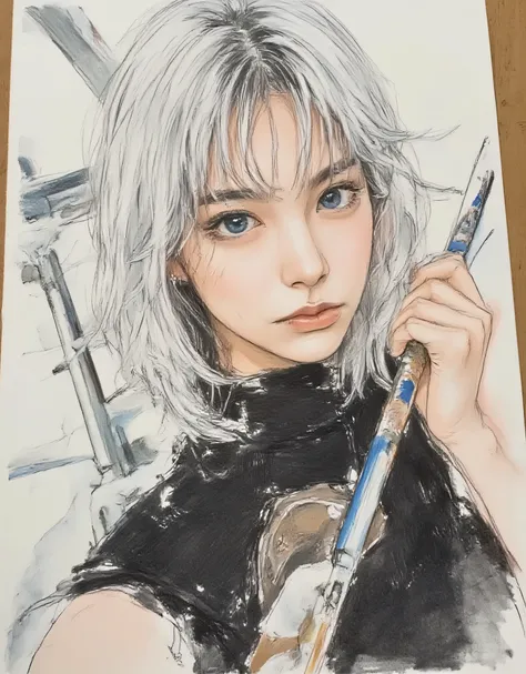 vivid, very detailed, Award-Winning Illustration, Professional. womanhood, 両手のひらを頬に当てて微笑むwomanhood, The line of sight、((portrait painting))、sketch style、short silver hair、Blue eyed tank top、black painter pants, provocative, womanhoodのポートレート、 beautiful, fan...