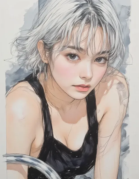vivid, very detailed, Award-Winning Illustration, Professional. womanhood, 両手のひらを頬に当てて微笑むwomanhood, The line of sight、((portrait painting))、sketch style、short silver hair、Blue eyed tank top、black painter pants, provocative, womanhoodのポートレート、 beautiful, fan...
