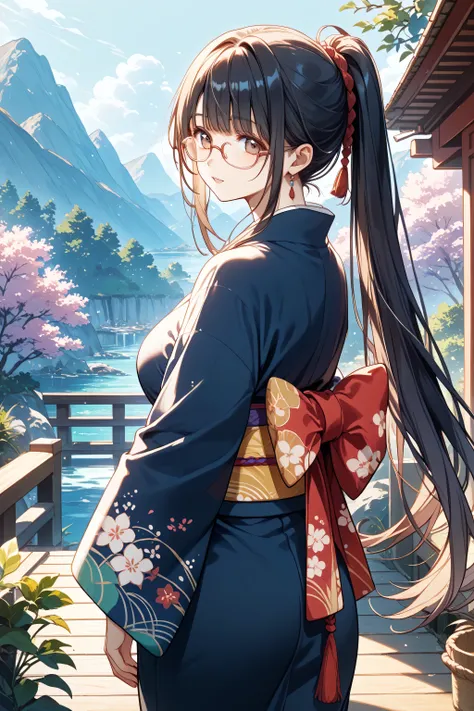 married woman、mature、Glasses、dark haired、 kimono、Ponytail、long hair、Looking Back