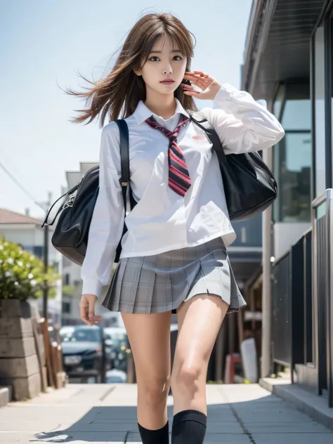 A beautiful Japanese idol in a school uniform walking down a sidewalk, model-like look, (a hyperrealistic schoolgirl), (short skirt and white shirt), perfect face, extremely beautiful face, Detailed face, (brown ash hair:1.3), Stylish, 8K, masterpiece, Rea...