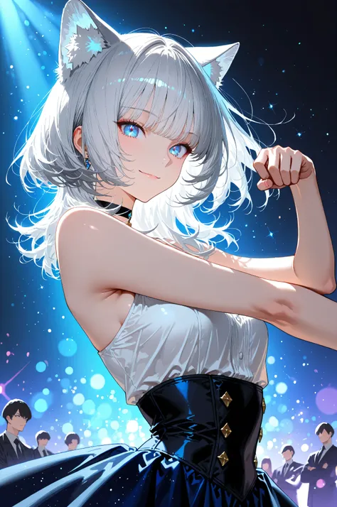 (8k, Highest Quality, masterpiece: 1.2),upper body,dynamic pose, Silver Hair、sharp and intelligent blue eyes,tallでスラリとした体型、Graceful and graceful appearance,Mens Medium Hair,smooth hair,tall,Smile,Dance Party,velvet skirt,One-person theater,
Detailed charac...