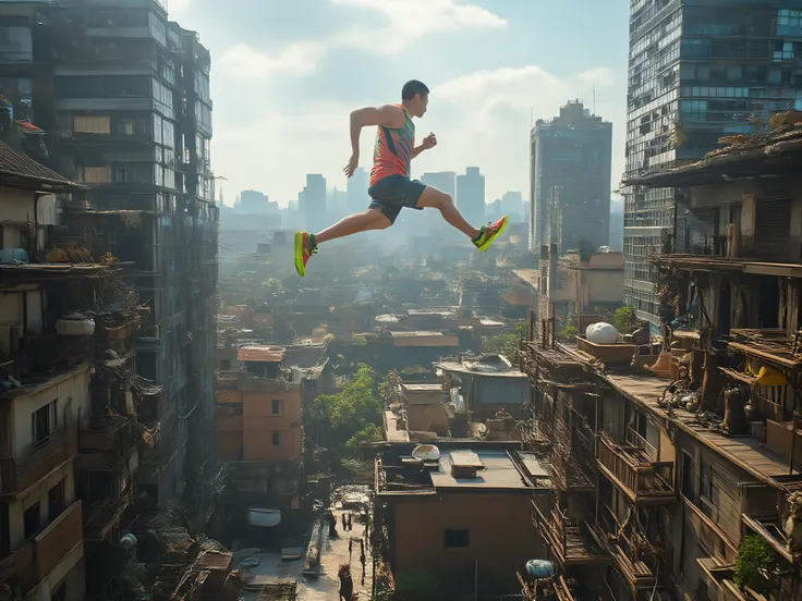 Raw photos. Freestyle runners are at their most daring. Jumping from building to building 400 feet up in the air, doing backflips off rooftops, jumping up floors via balconies, neon tipped running shoes, go pro made, insane action documentary style photore...