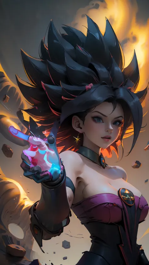 Beautiful big breasts darck magician girl cosplay as goku in super saiya state, with power on her hand ready to shoot kamehameha, realistic photography, look at the viewer 