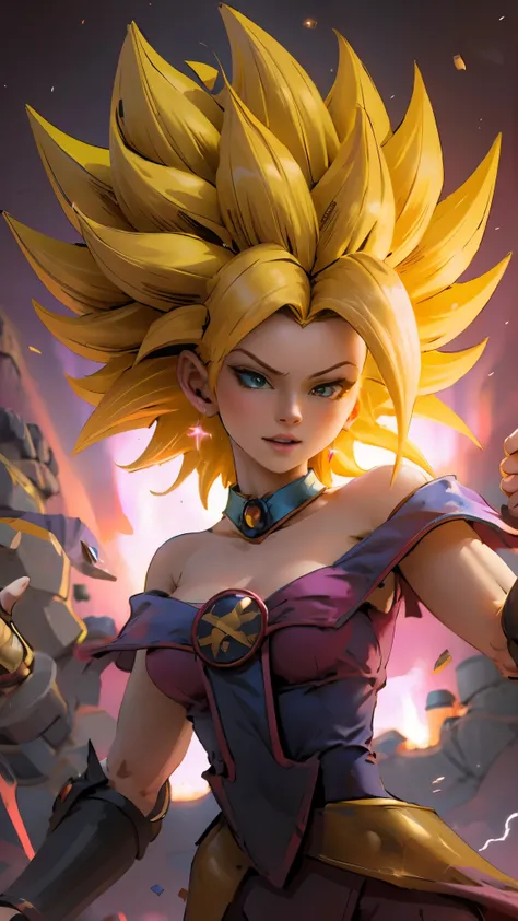 Darck magician girls is a super Saiyan. She has blonde hair and light. She expels chi or neon pink energy. Darck magician girls is a super Sayayin. Cinematic and sensual pose.